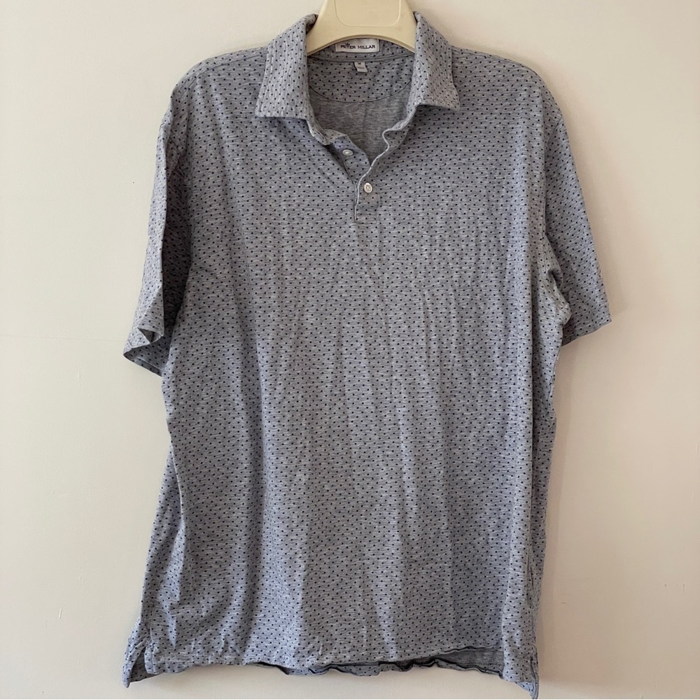 Peter Millar Polo Shirt Men's Medium Gray Blue Dots Cotton Strech Golf